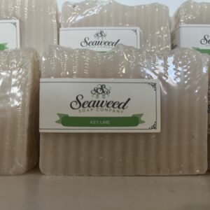 Bars of seaweed soap neatly packaged in a striped design.