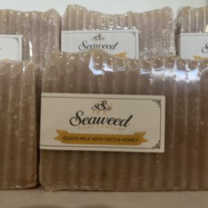 Bar soap labeled 'Seaweed' with a textured surface on display.