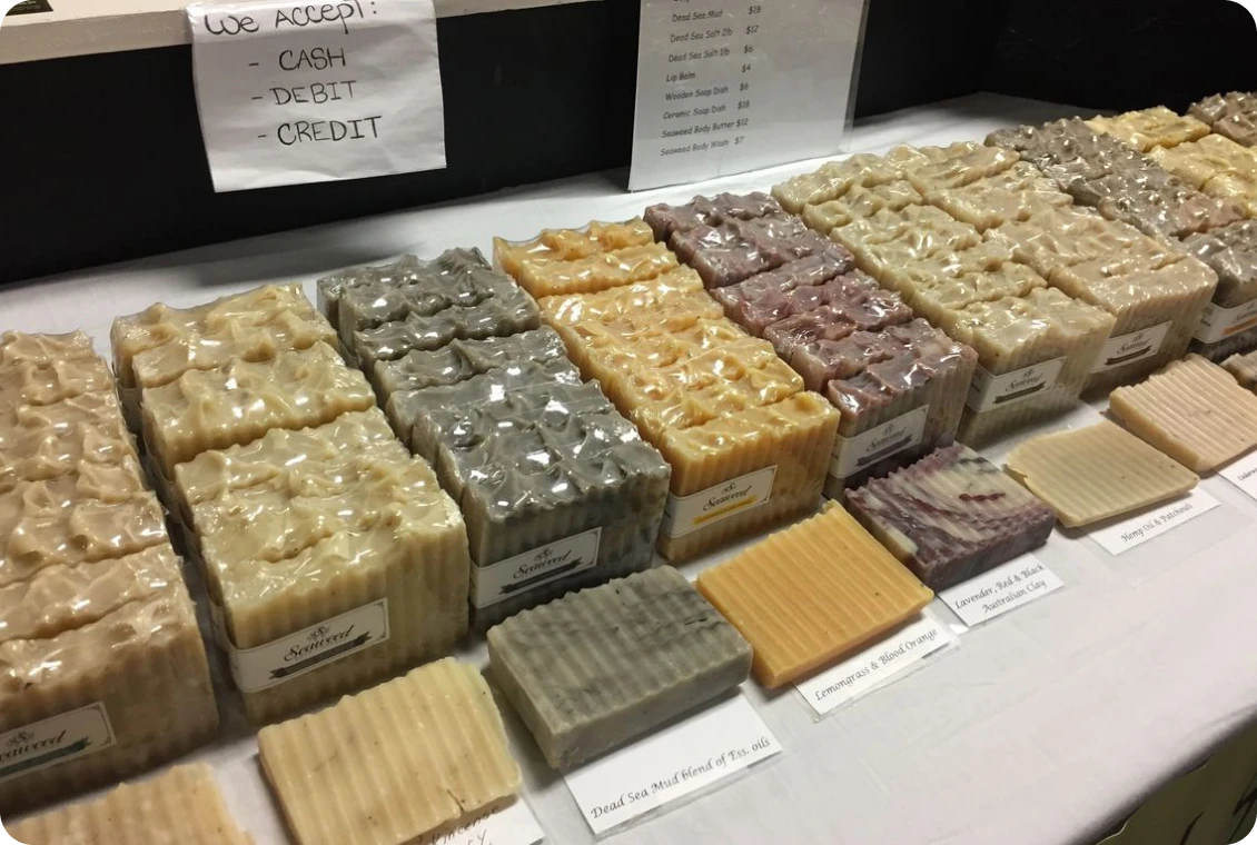 Artisan soap bars arranged neatly for sale